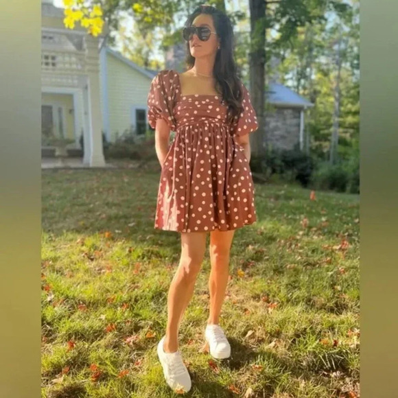 Abercrombie & Fitch Emerson Ruched Puff Sleeve Polka Dot Babydoll Mini Dress NWT - Picture 3 of 14
